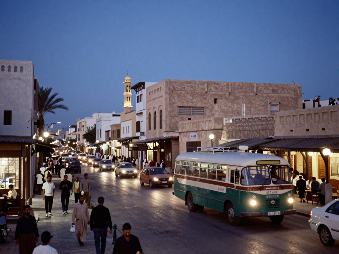 Busy Muscat Street Scene at Blue Hour with Vintage Bus and Traditional Souq Activity in in Muscat, Oman