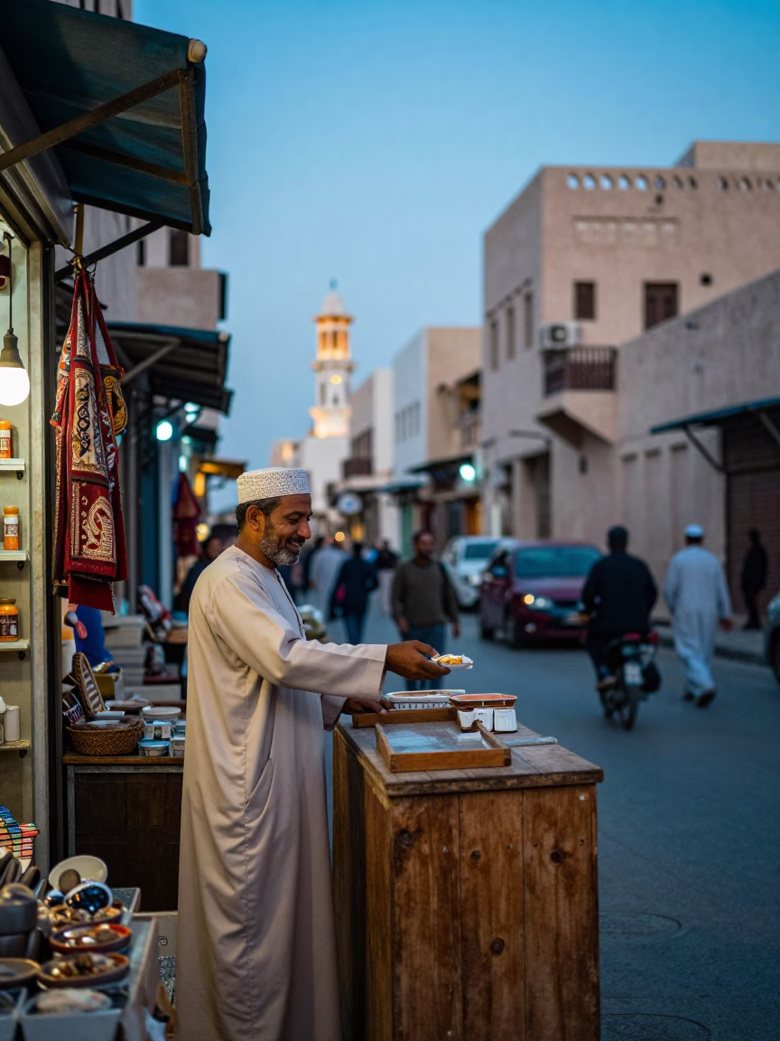Busy Muscat Street Scene at Dawn with Local Shopkeeper and Patterned Rug in in Muscat, Oman