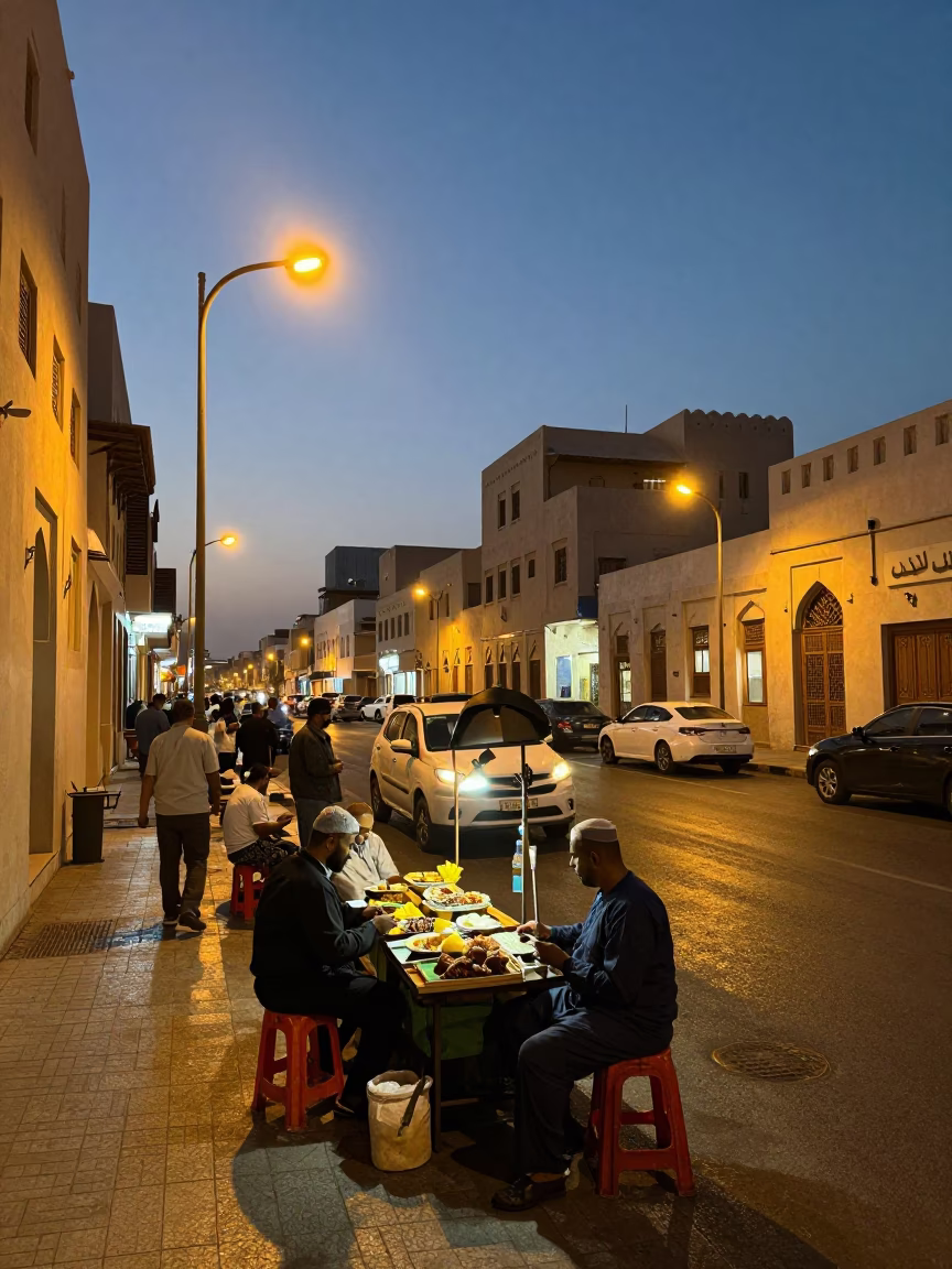 Busy Muscat Street Scene at Dusk with Local Vendor and Traditional Decor in in Muscat, Oman