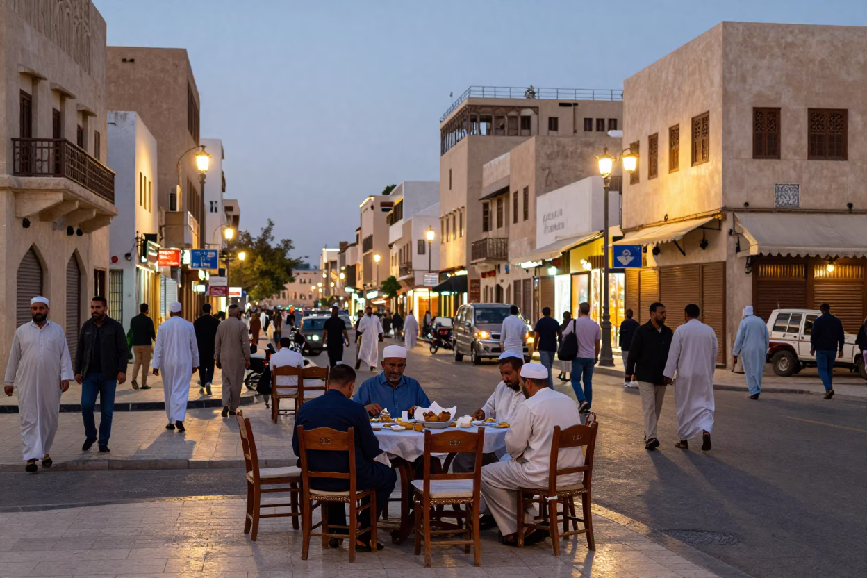 Busy Muscat Street Scene at Dusk with Traditional Chair and Local Life in in Muscat, Oman