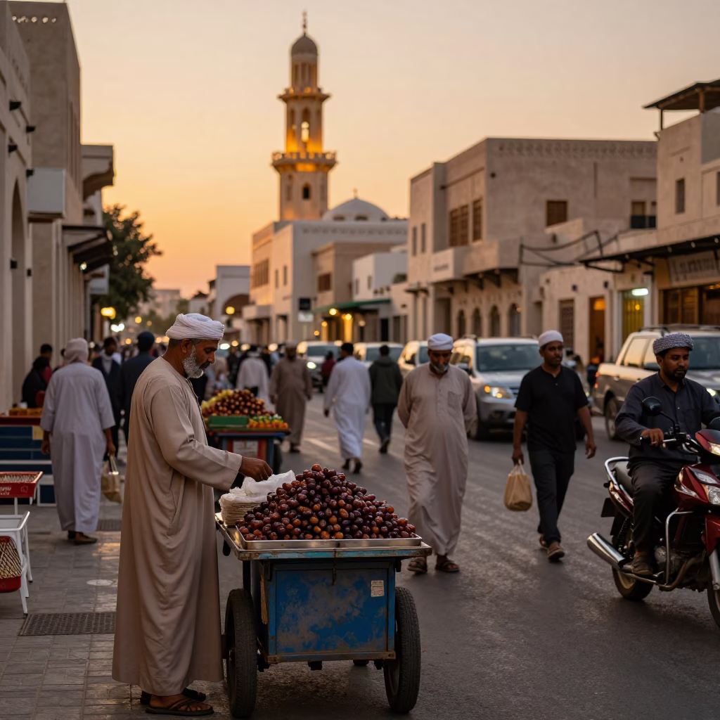 Busy Muscat Street Scene at Dusk with Traditional Dhow Boat in Background in in Muscat, Oman
