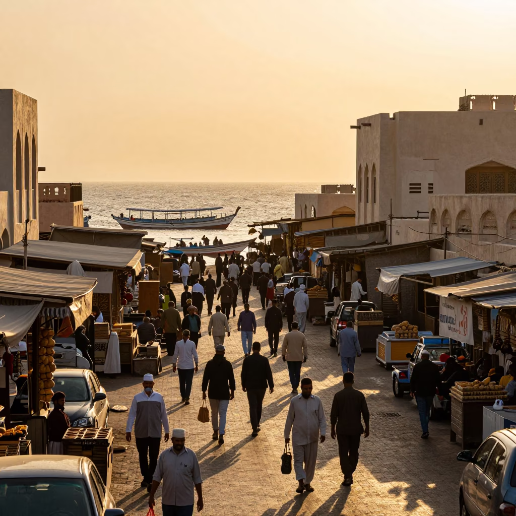 Busy Muscat Street Scene at Golden Hour with Longtail Boat and Local Market Activity in in Muscat, Oman