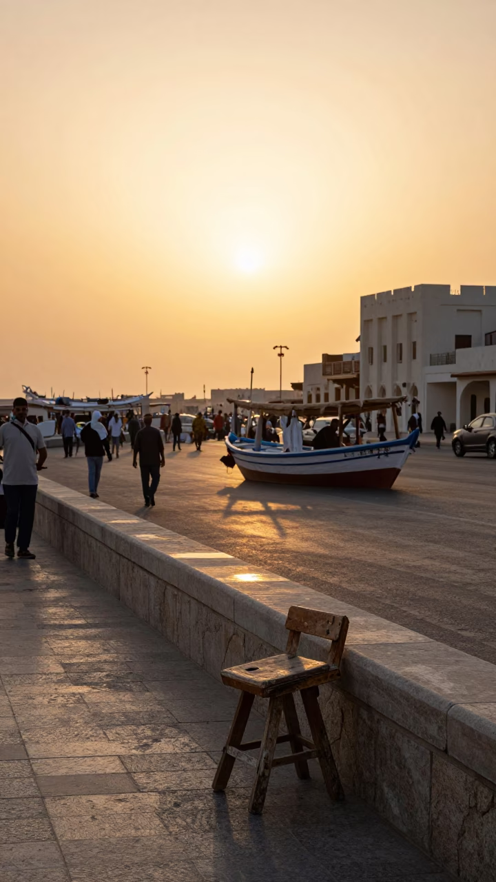Busy Muscat Street Scene at Golden Hour with Traditional Dhow Boat and Local Life in in Muscat, Oman