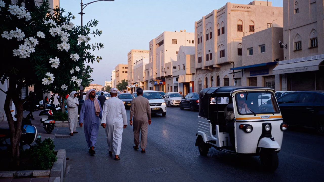 Busy Muscat Street Scene at Nautical Dawn with Blue Plumbago Hedge in in Muscat, Oman