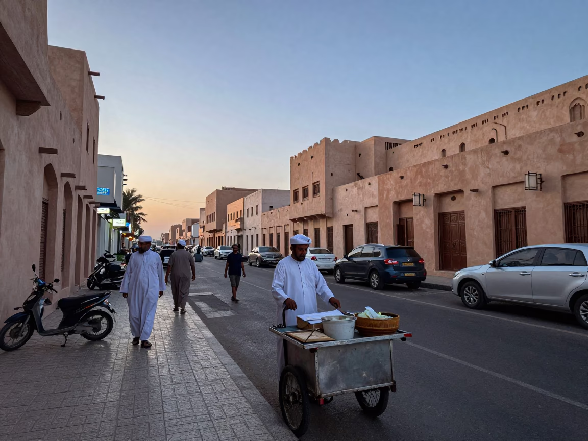 Busy Muscat Street Scene at Nautical Dawn with Terracotta Pot and Local Activity in in Muscat, Oman