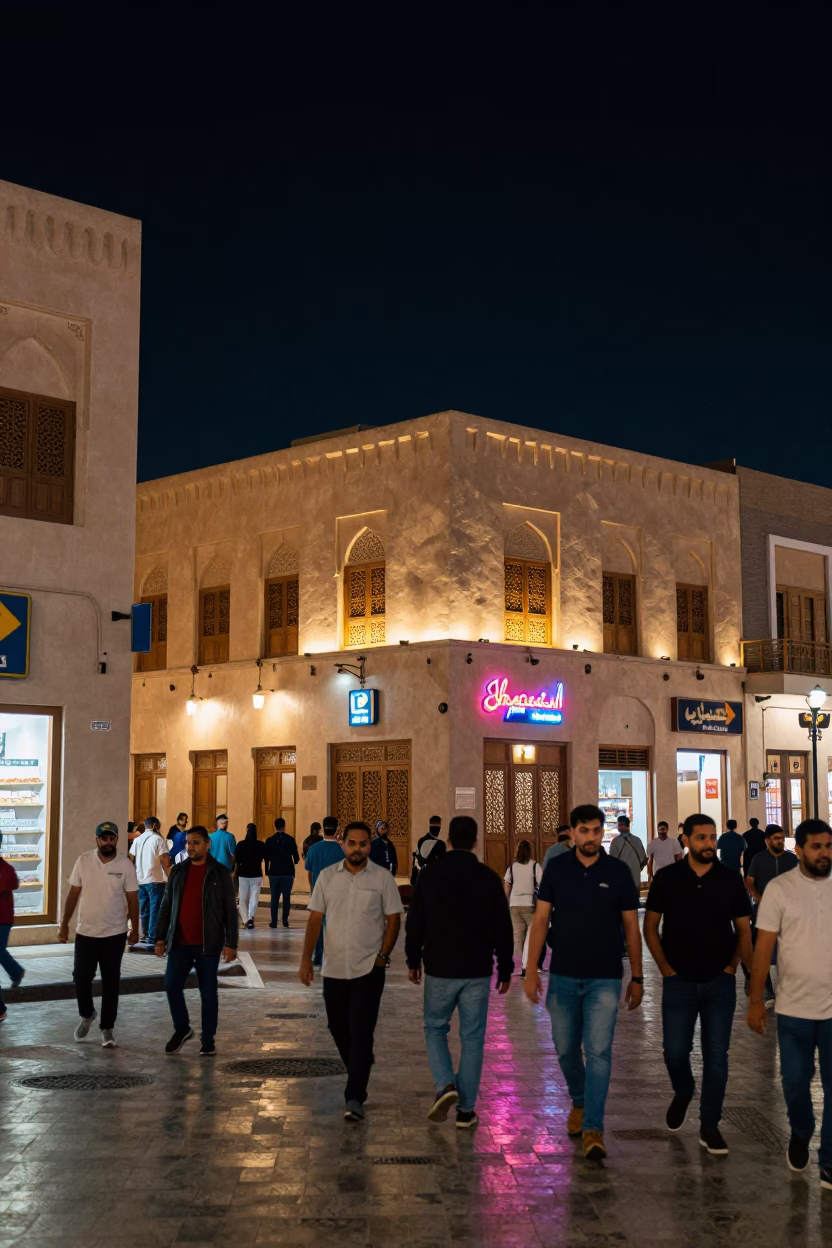Busy Muscat Street Scene at Night with Neon Signs and Traditional Architecture in in Muscat, Oman