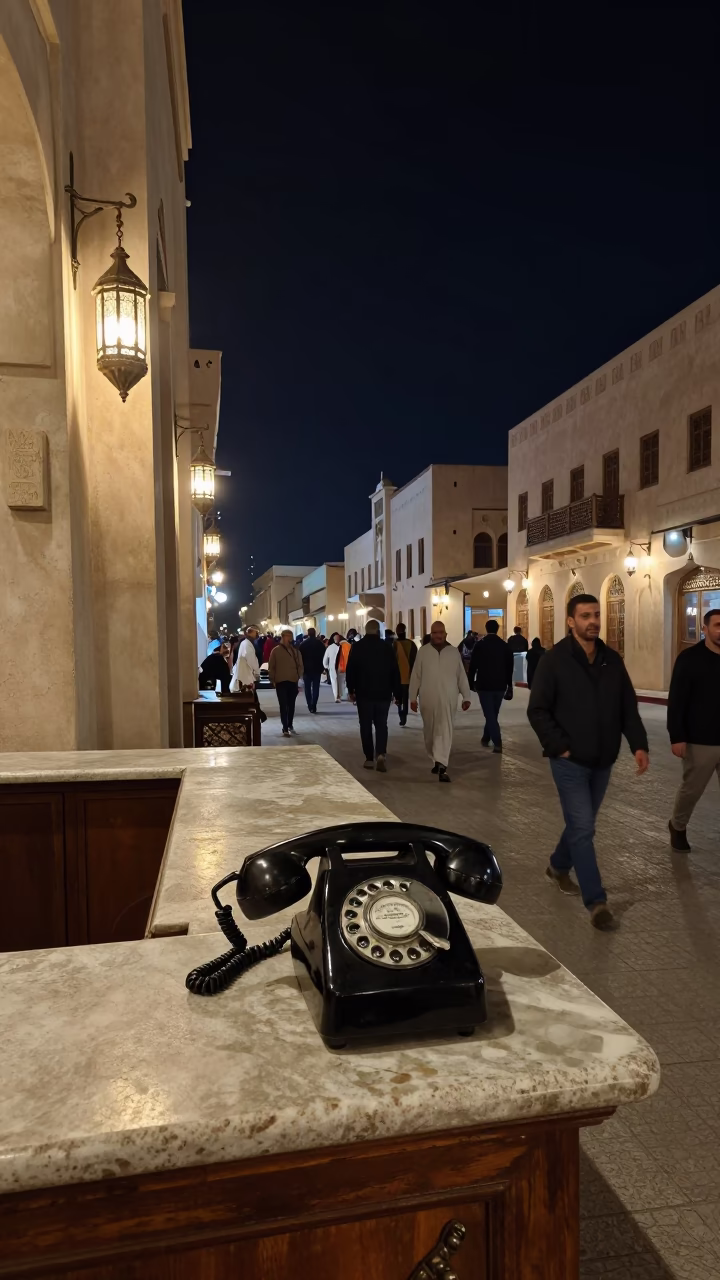 Busy Muscat Street Scene at Night with Vintage Bakelite Telephone on Hotel Reception Desk in in Muscat, Oman