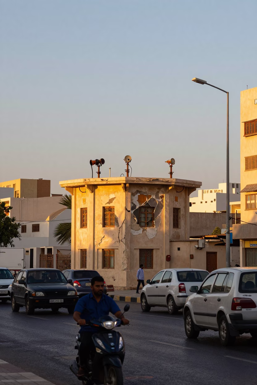 Busy Muscat Street Scene at Sunset with Crumbling Weather Station and Local Life in in Muscat, Oman