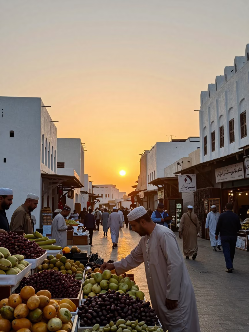 Busy Muscat Street Scene at Sunset with Dates and Local Commerce in in Muscat, Oman