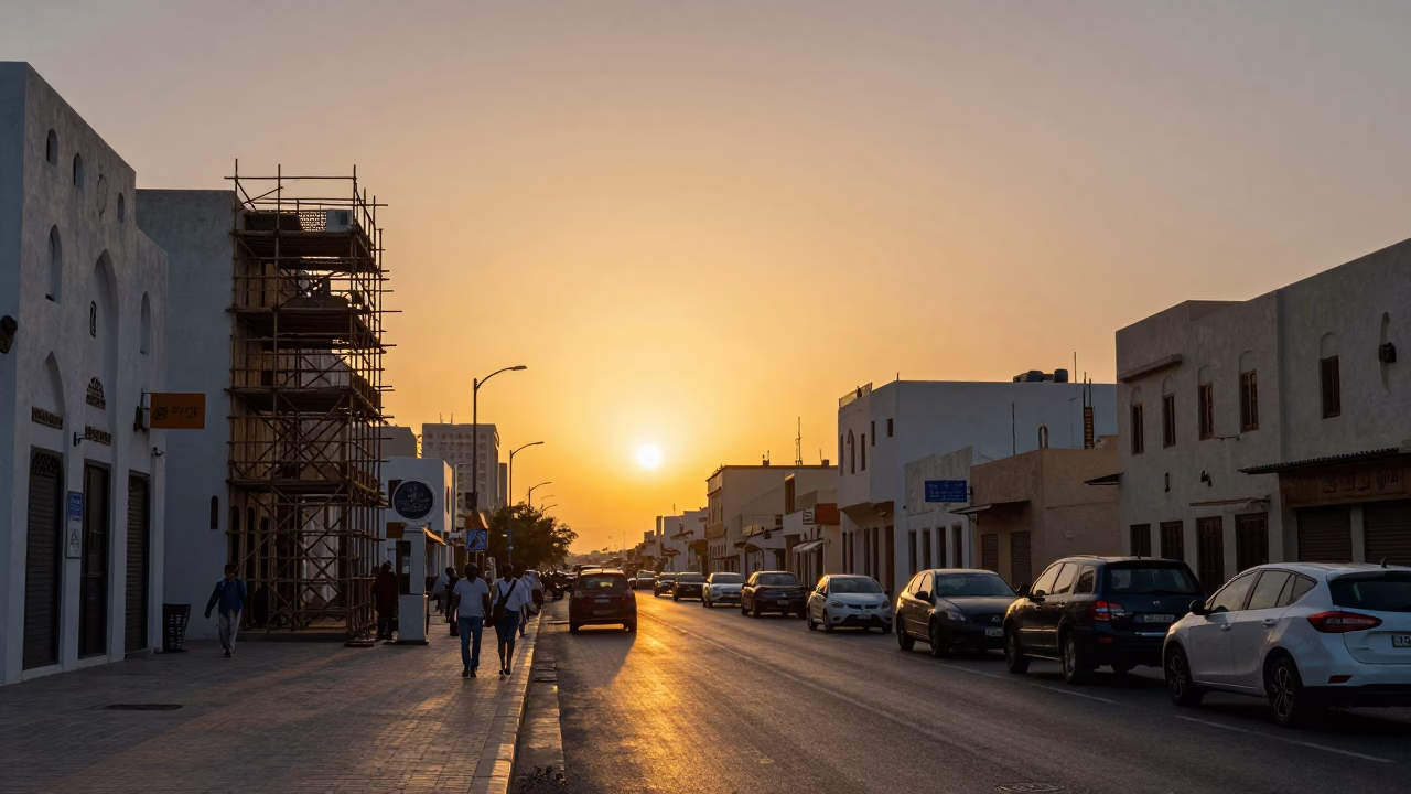 Busy Muscat Street Scene at Sunset with Geometric Scaffold and Geraniums in in Muscat, Oman