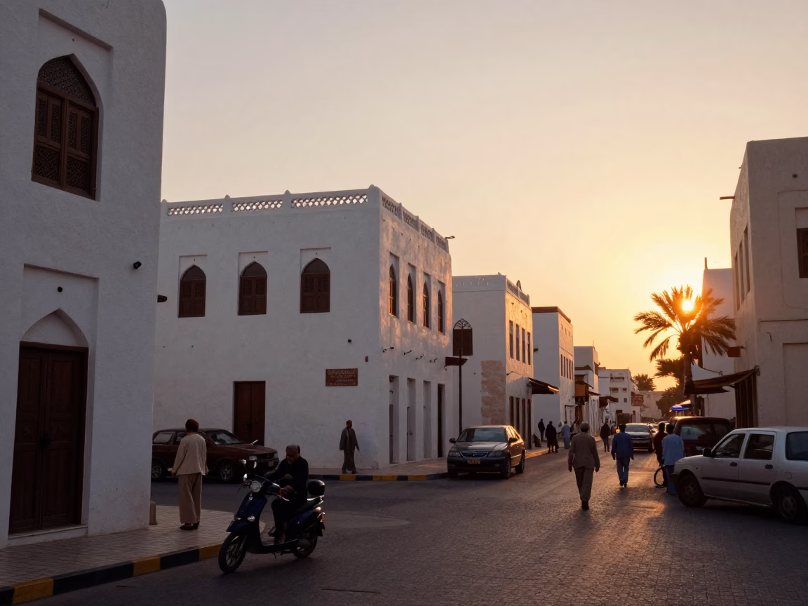 Busy Muscat Street Scene at Sunset with Local Life and Slippers in in Muscat, Oman