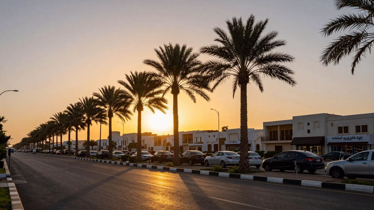 Busy Muscat Street Scene at Sunset with Palm Trees and Traditional Architecture in in Muscat, Oman