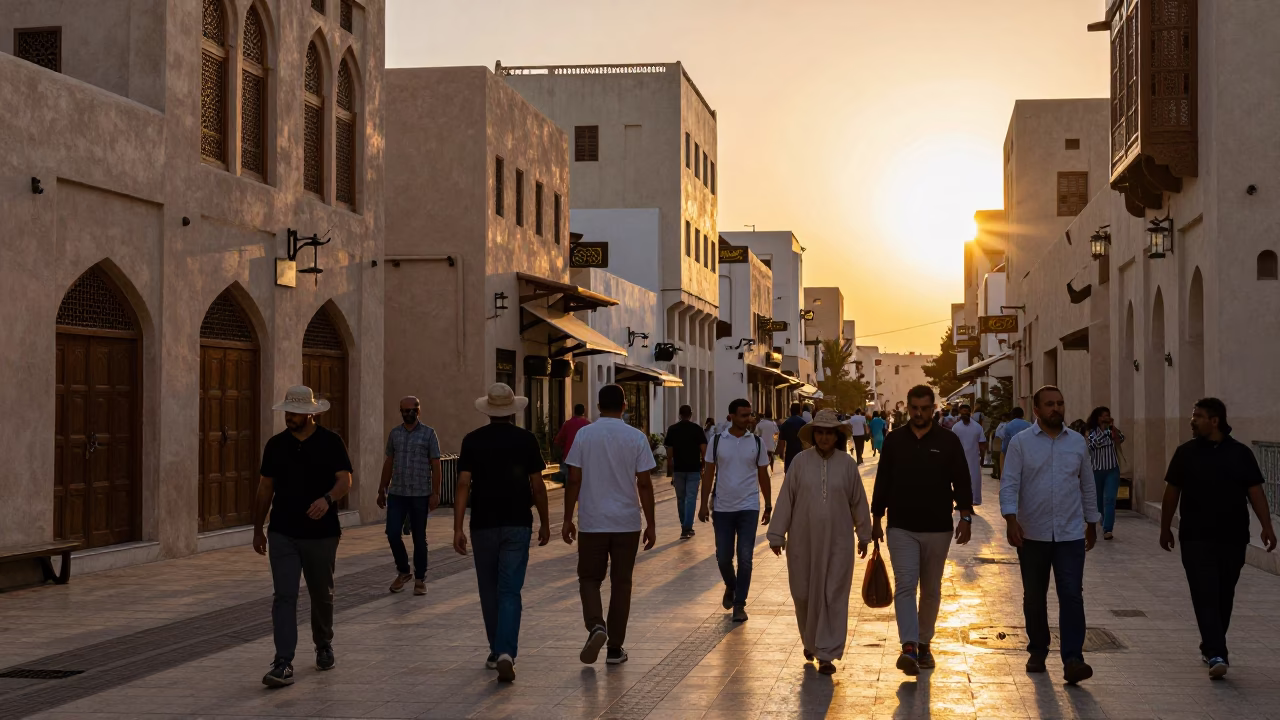 Busy Muscat Street Scene at Sunset with Sun Hats and Traditional Architecture in in Muscat, Oman