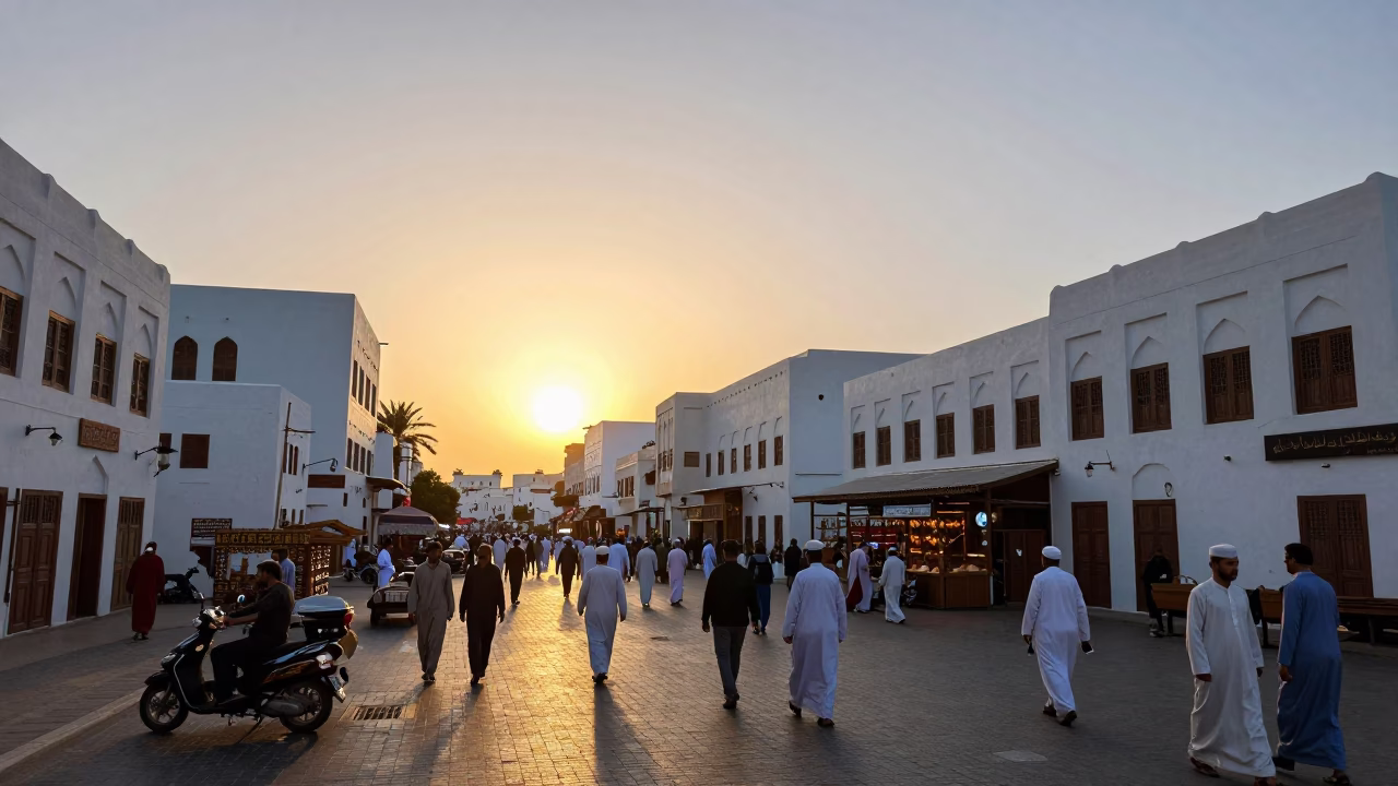 Busy Muscat Street Scene at Sunset with Traditional Architecture and Local Life in in Muscat, Oman