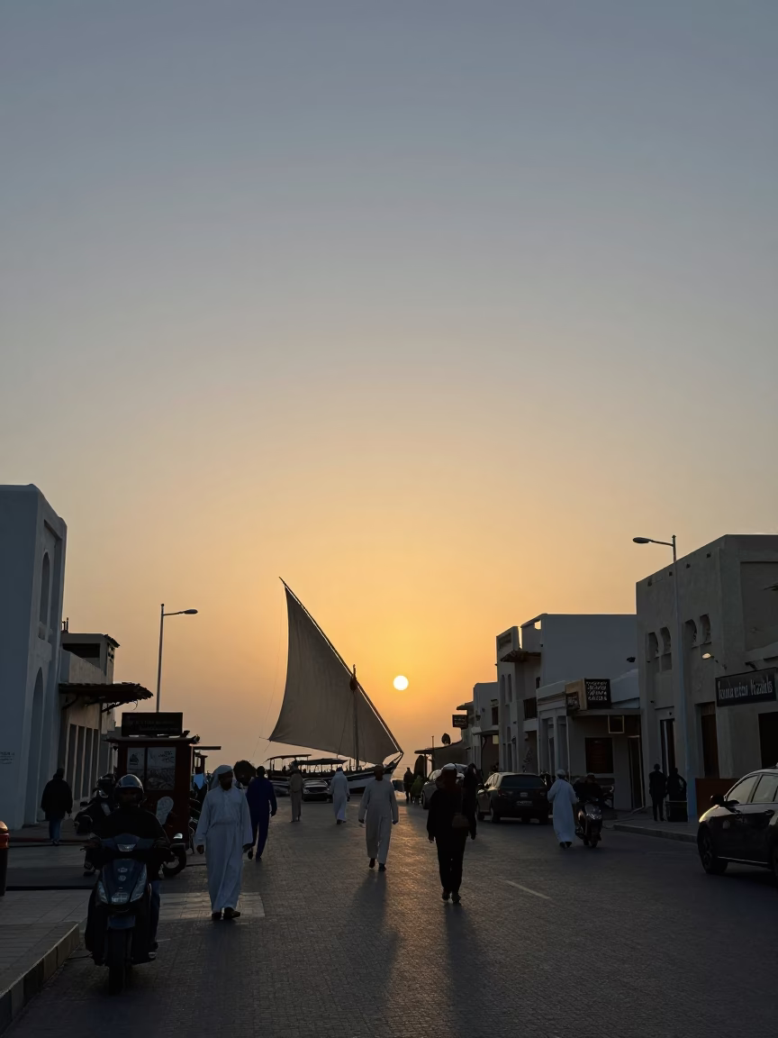 Busy Muscat Street Scene at Sunset with Traditional Dhow Boats and Local Traffic in in Muscat, Oman
