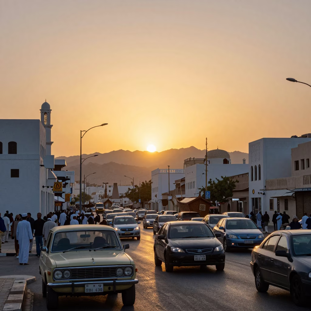 Busy Muscat Street Scene at Sunset with Traditional Dhows and Modern Traffic in Oman in in Muscat, Oman