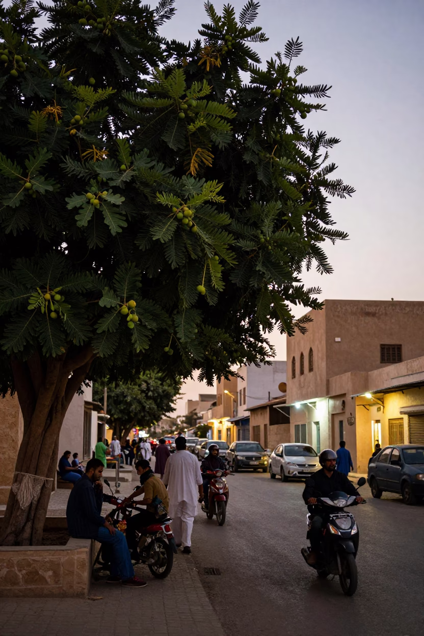 Busy Muscat Street Scene Before Dawn with Fig Tree and Local Interaction in in Muscat, Oman