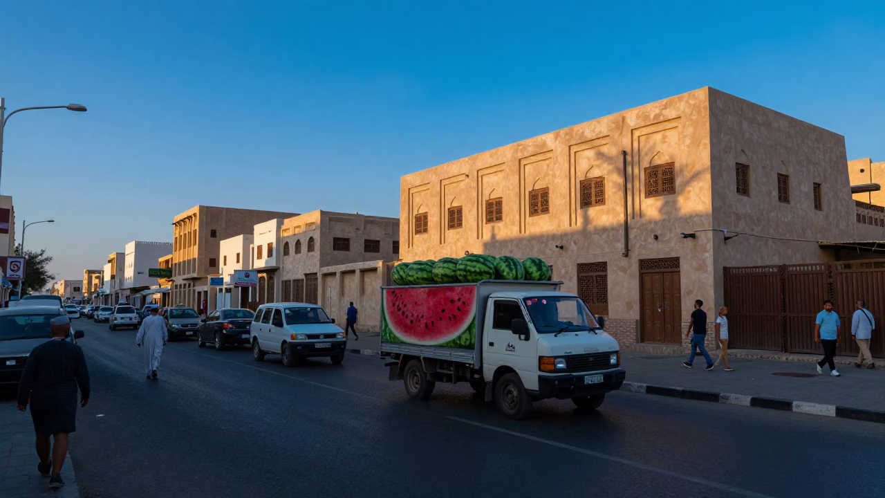 Busy Muscat Street Scene Before Dawn with Watermelon Truck and Local Activity in in Muscat, Oman