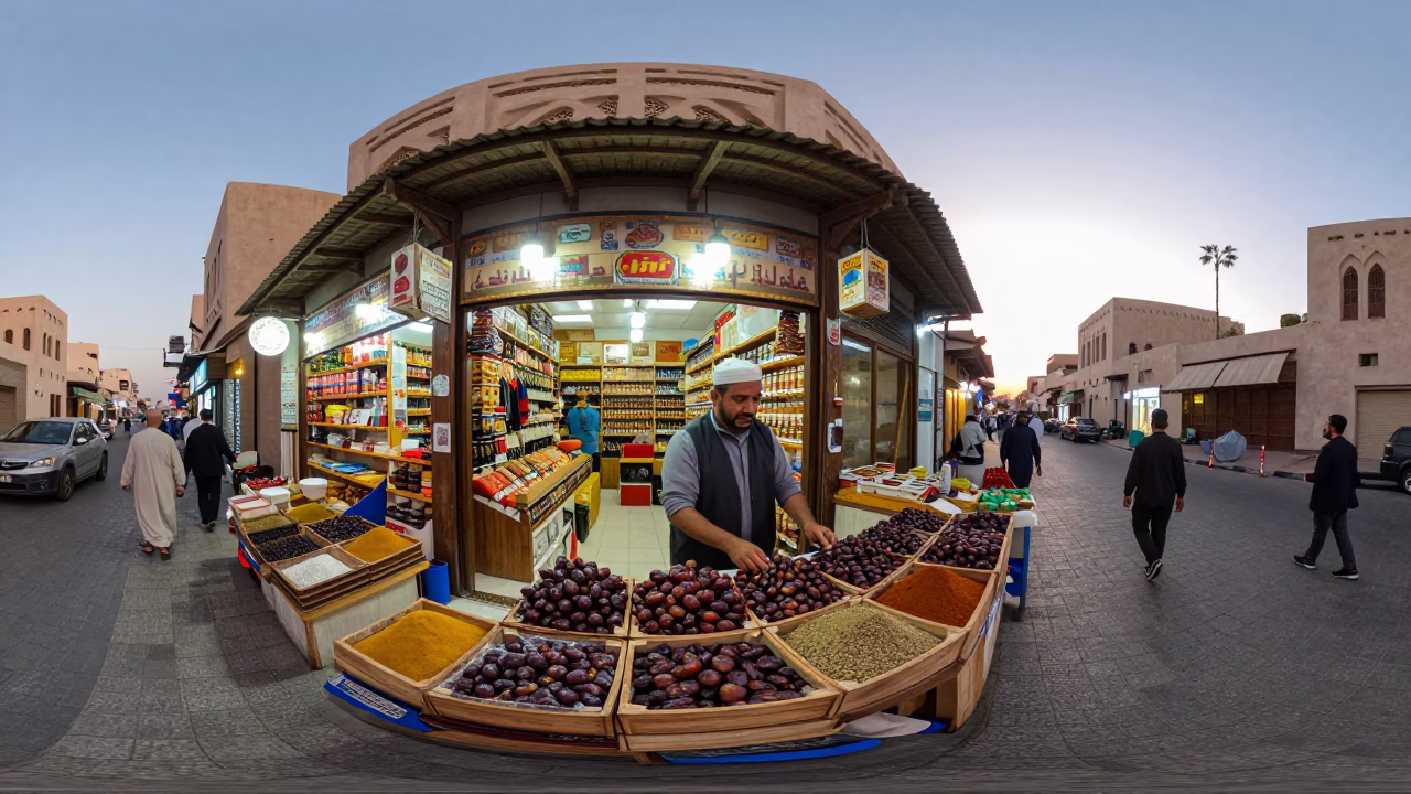 Busy Muscat Street Scene Early Evening with Local Shop and Watering Bottle in in Muscat, Oman