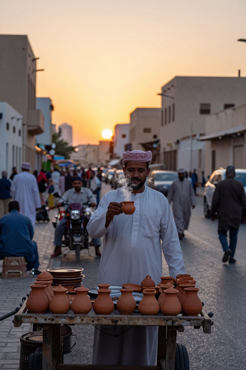 Busy Muscat Street Scene Early Evening with Traditional Clay Cup and Stone Architecture in in Muscat, Oman