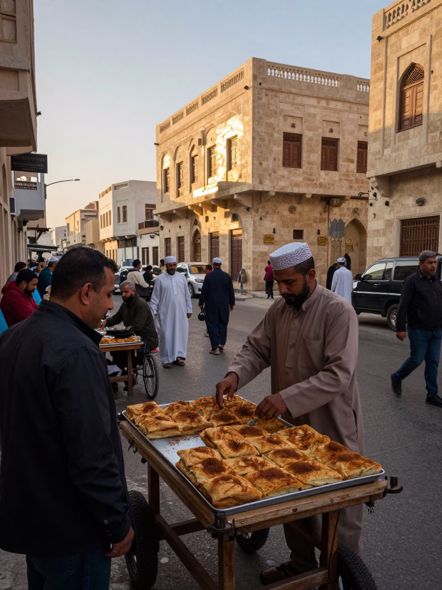 Busy Muscat Street Scene Early Morning with Pastilla and Electric Kettle in in Muscat, Oman
