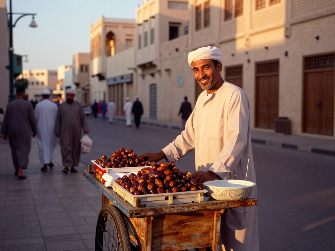 Busy Muscat Street Scene Honeyed Evening Light with Traditional Omani Basket and Local Commerce in in Muscat, Oman