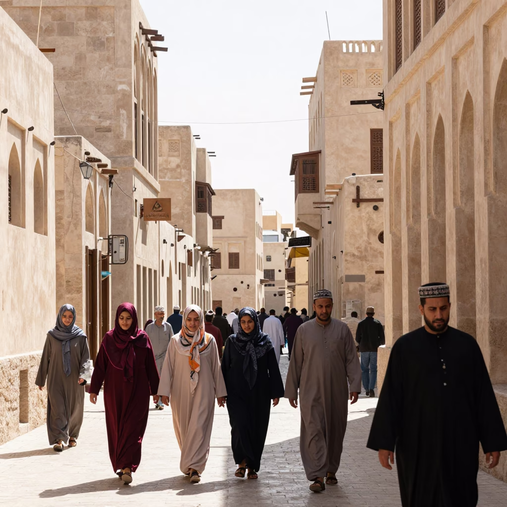 Busy Muscat Street Scene in Bright Midmorning Light with Local Market Activity in in Muscat, Oman