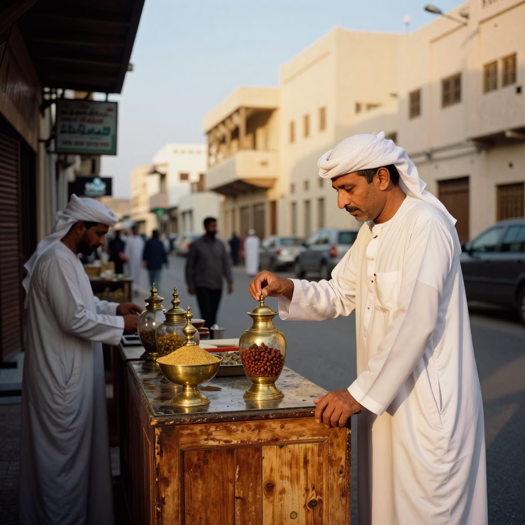 Busy Muscat Street Scene in Honeyed Evening Light with Traditional Souq Details in in Muscat, Oman