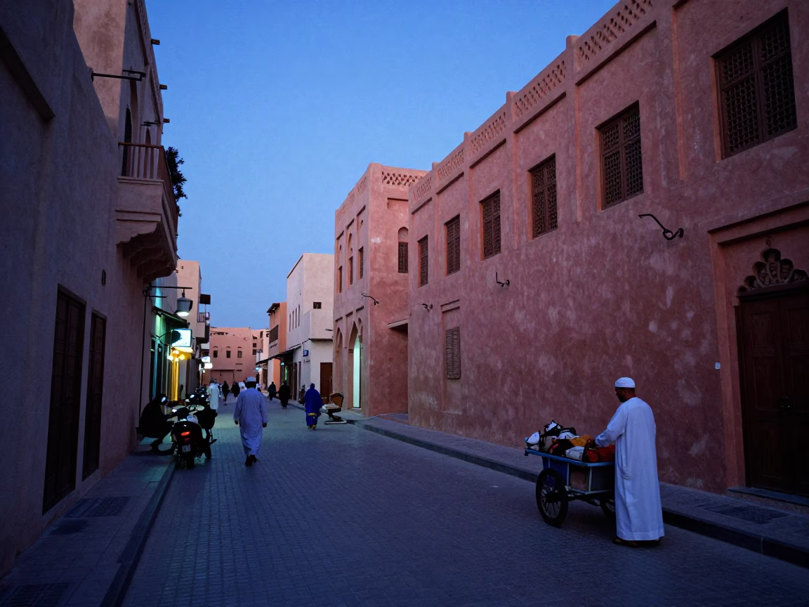 Busy Muscat Street Scene in Indigo Twilight with Local Vendor and Broom in in Muscat, Oman