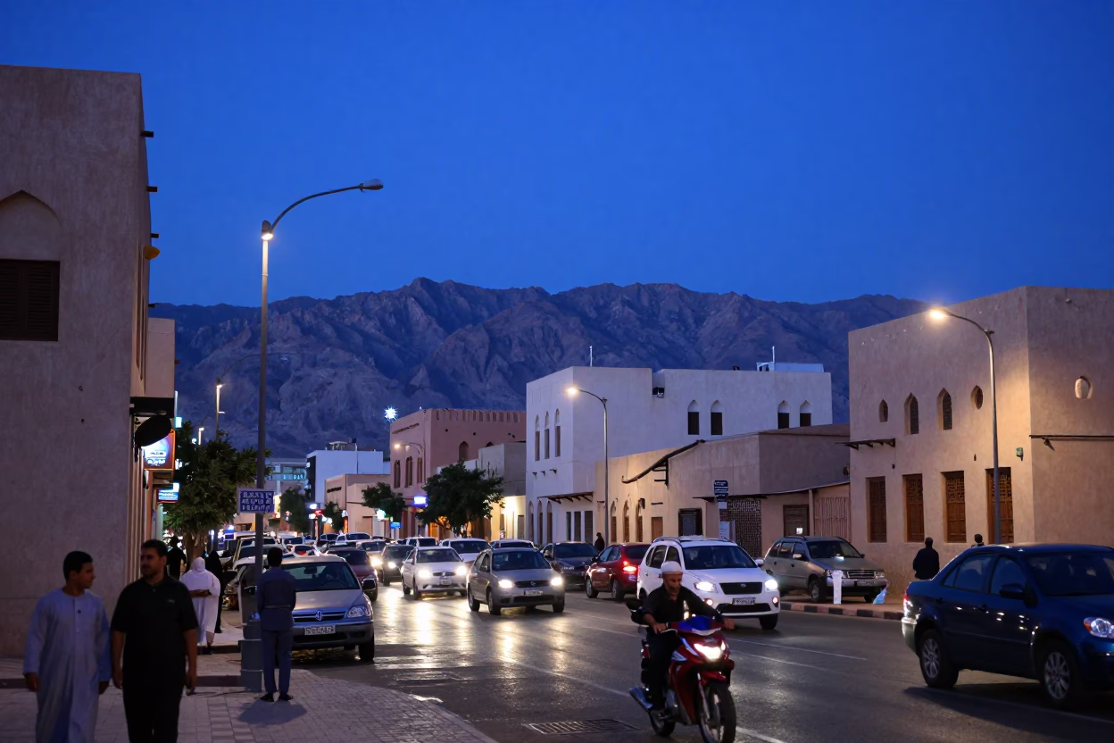 Busy Muscat Street Scene in Indigo Twilight with Traditional Architecture and Evening Activity in in Muscat, Oman