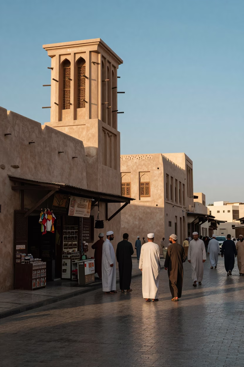 Busy Muscat Street Scene Late Afternoon Light Traditional Architecture and Local Life in in Muscat, Oman