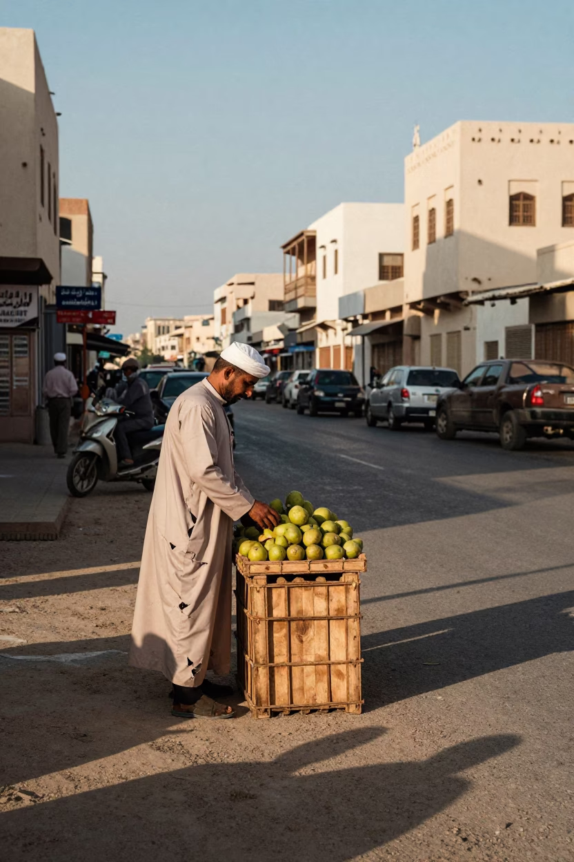 Busy Muscat Street Scene Late Afternoon Light with Dented Metal and Apricots in in Muscat, Oman