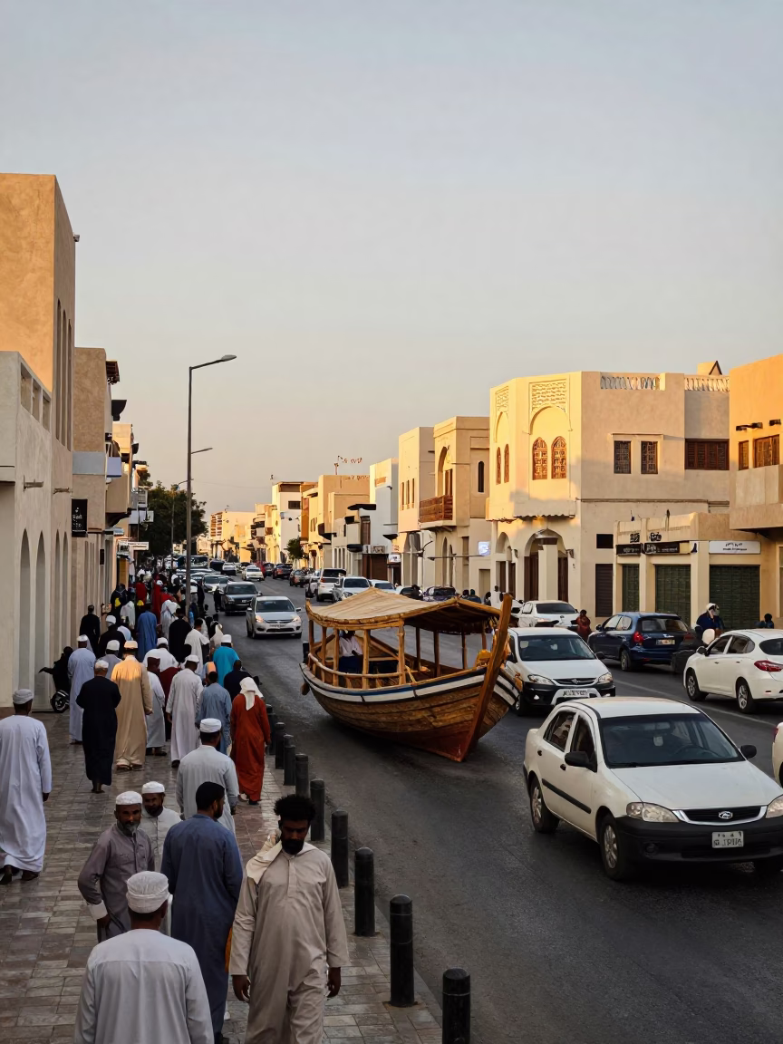 Busy Muscat Street Scene Late Afternoon with Traditional Dhow and Local Traffic in in Muscat, Oman