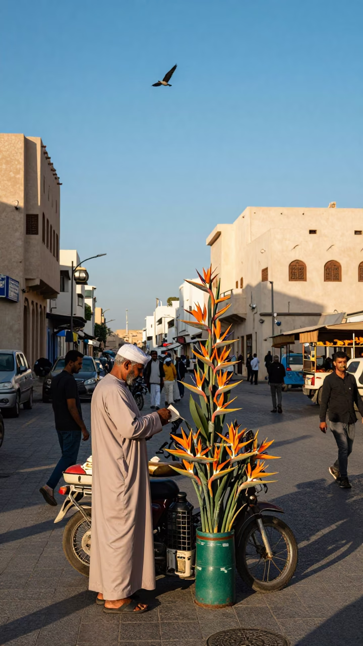 Busy Muscat Street Scene Late Morning with Bird of Paradise Flower and Vintage Details in in Muscat, Oman