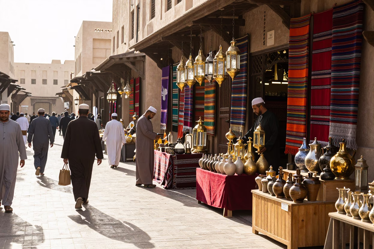 Busy Muscat Street Scene Late Morning with Traditional Souq Stalls and Local Life in in Muscat, Oman