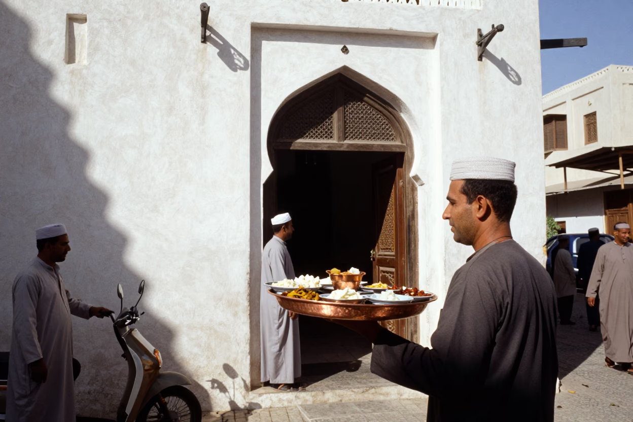 Busy Muscat Street Scene Midday with Copper Tray Mezze and Local Architecture in in Muscat, Oman