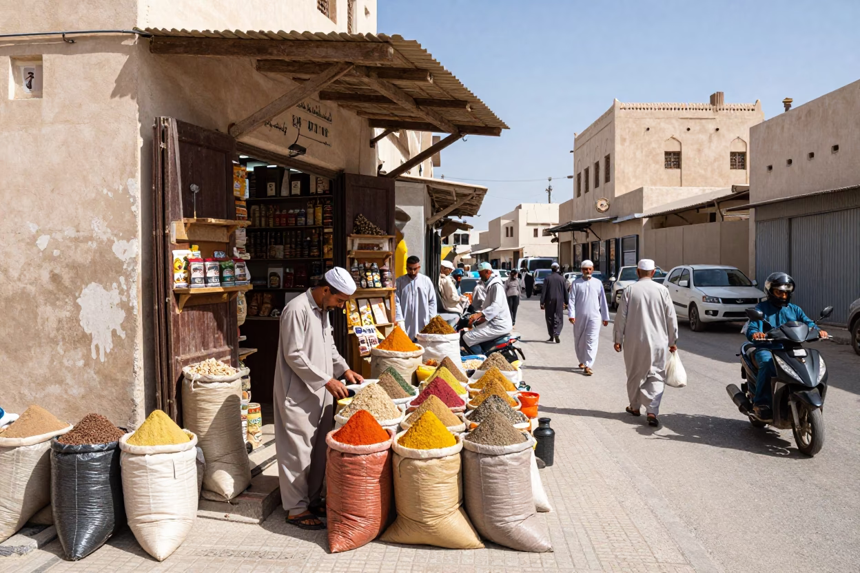 Busy Muscat Street Scene Under Noon Sun with Local Shopkeeper and Passersby in in Muscat, Oman