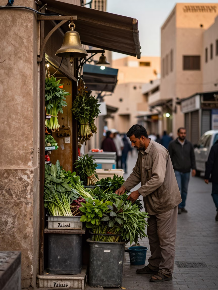 Busy Muscat street scene with brass bell and gardener under evening lights in in Muscat, Oman