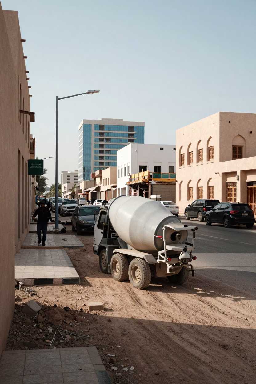 Busy Muscat Street Scene with Construction and Traditional Architecture in Early Afternoon Light in in Muscat, Oman