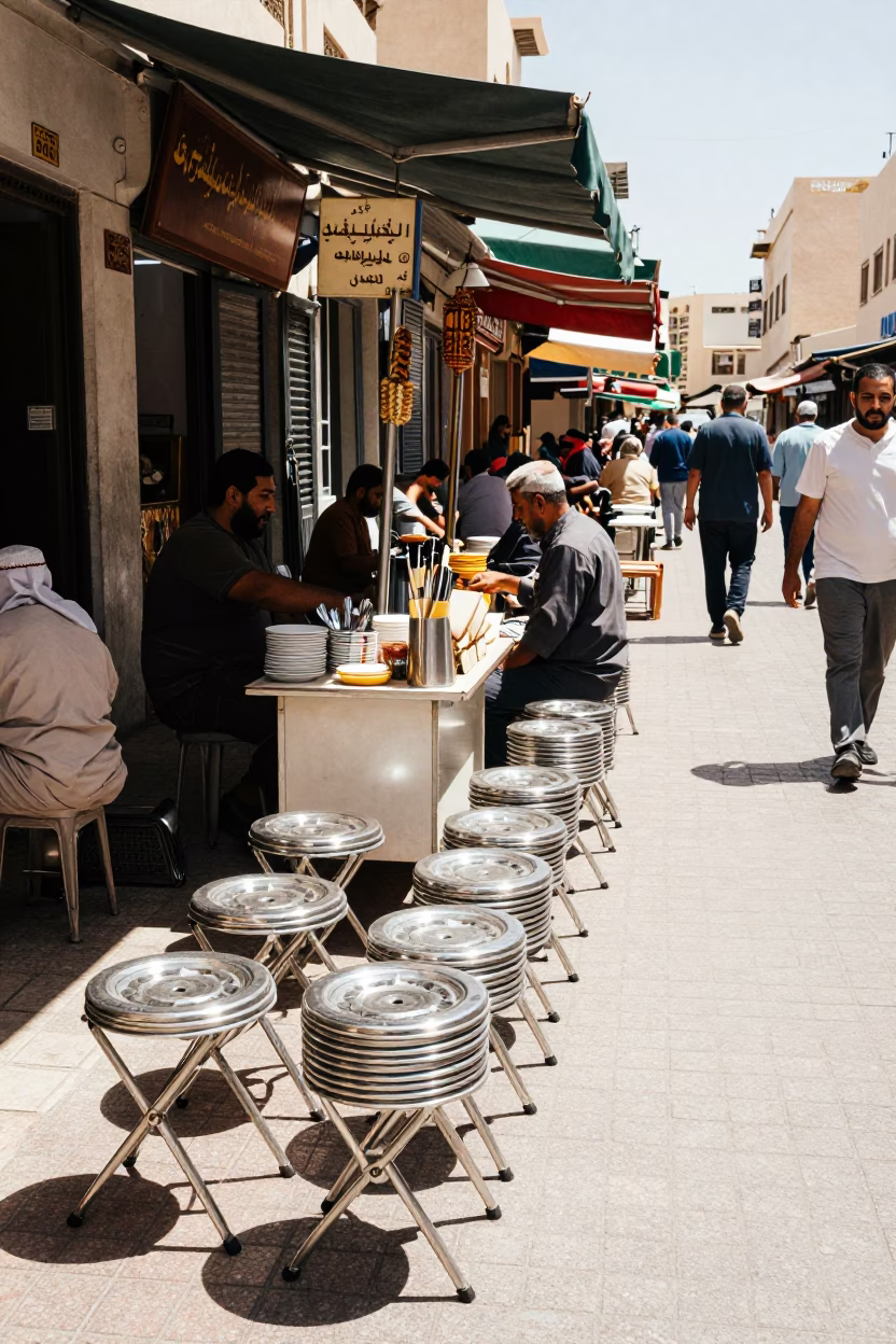 Busy Muscat Street Scene with Folding Stools and Cutlery in Bright Midmorning Light in in Muscat, Oman