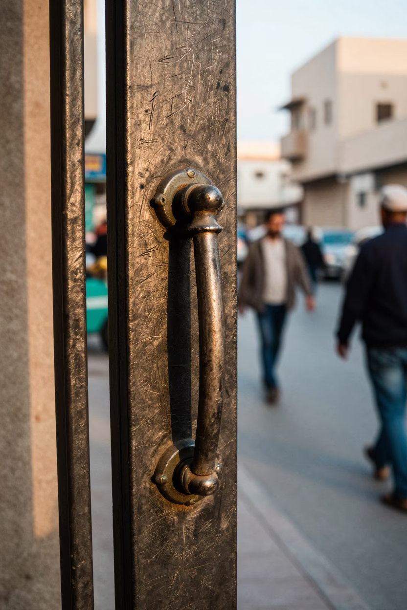 Busy Muscat Street Scene with Gate Handle and Scratched Wall in Early Afternoon Light in in Muscat, Oman