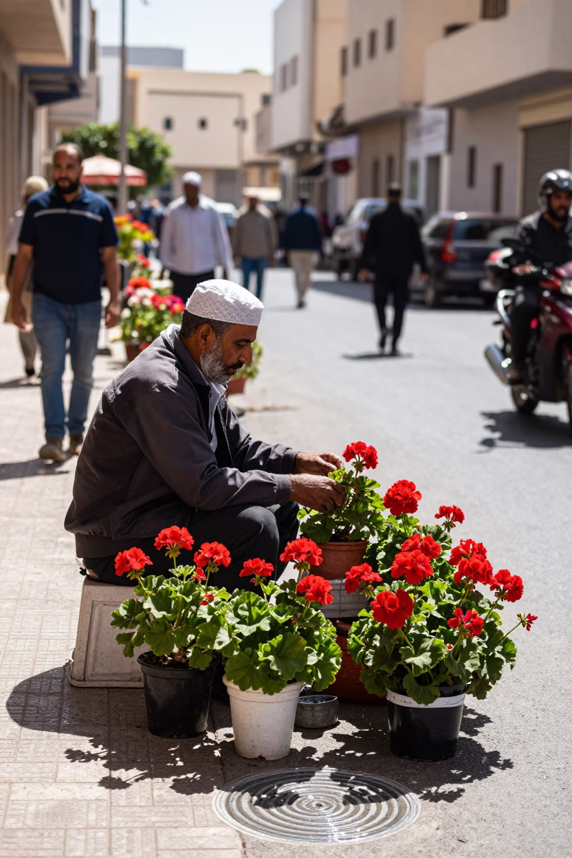Busy Muscat Street Scene with Geraniums and Water Rings on Railing Under Noon Sun in in Muscat, Oman