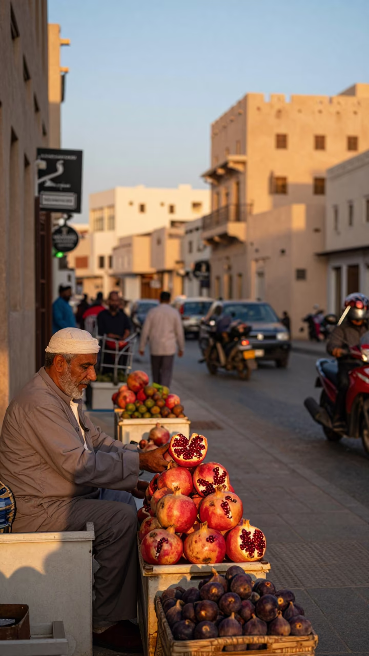 Busy Muscat Street Scene with Pomegranate Vendor and Fig Tree at Golden Hour in in Muscat, Oman