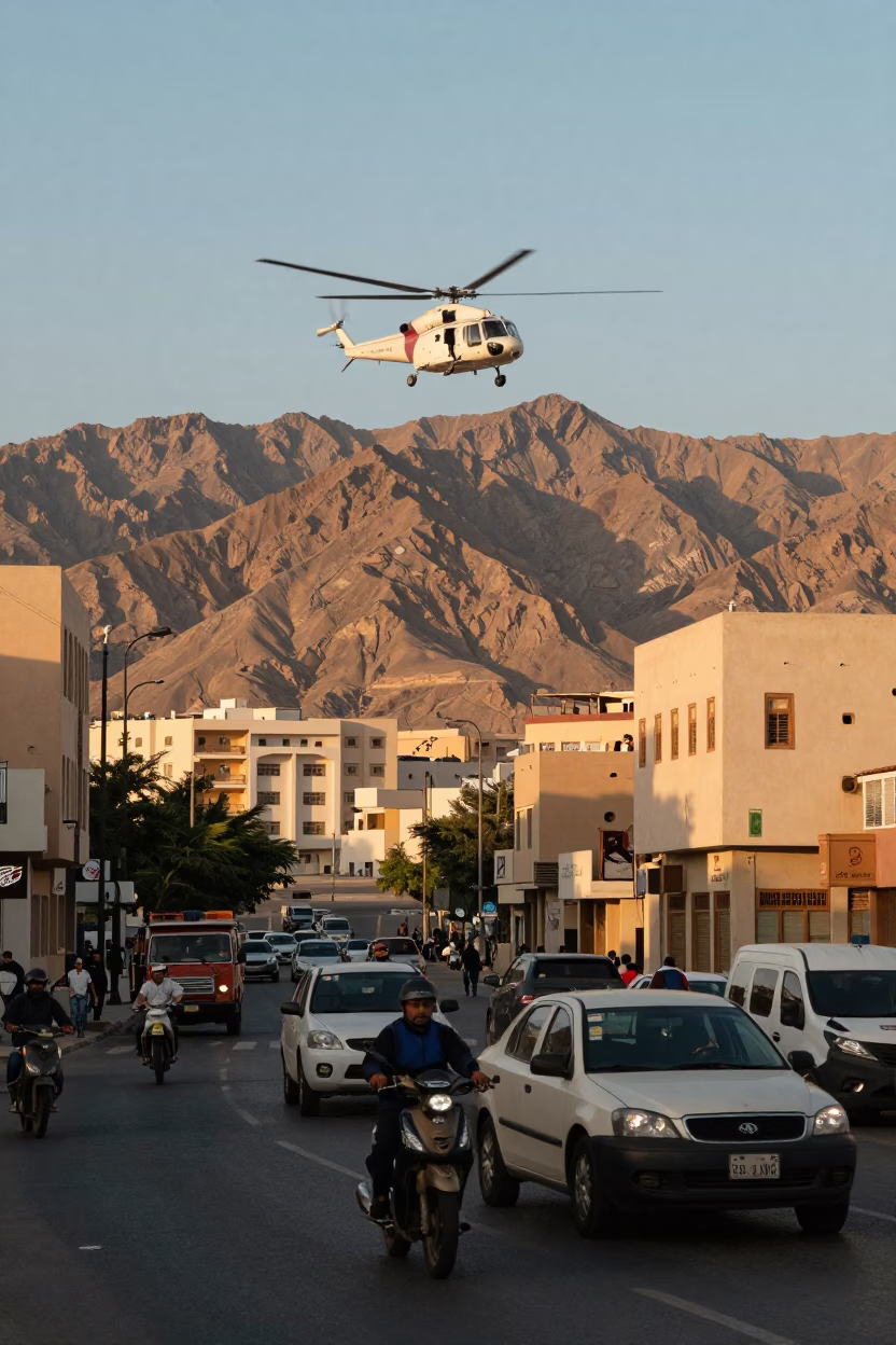Busy Muscat Street Scene with Supply Helicopter Over Mountains in Honeyed Evening Light in in Muscat, Oman