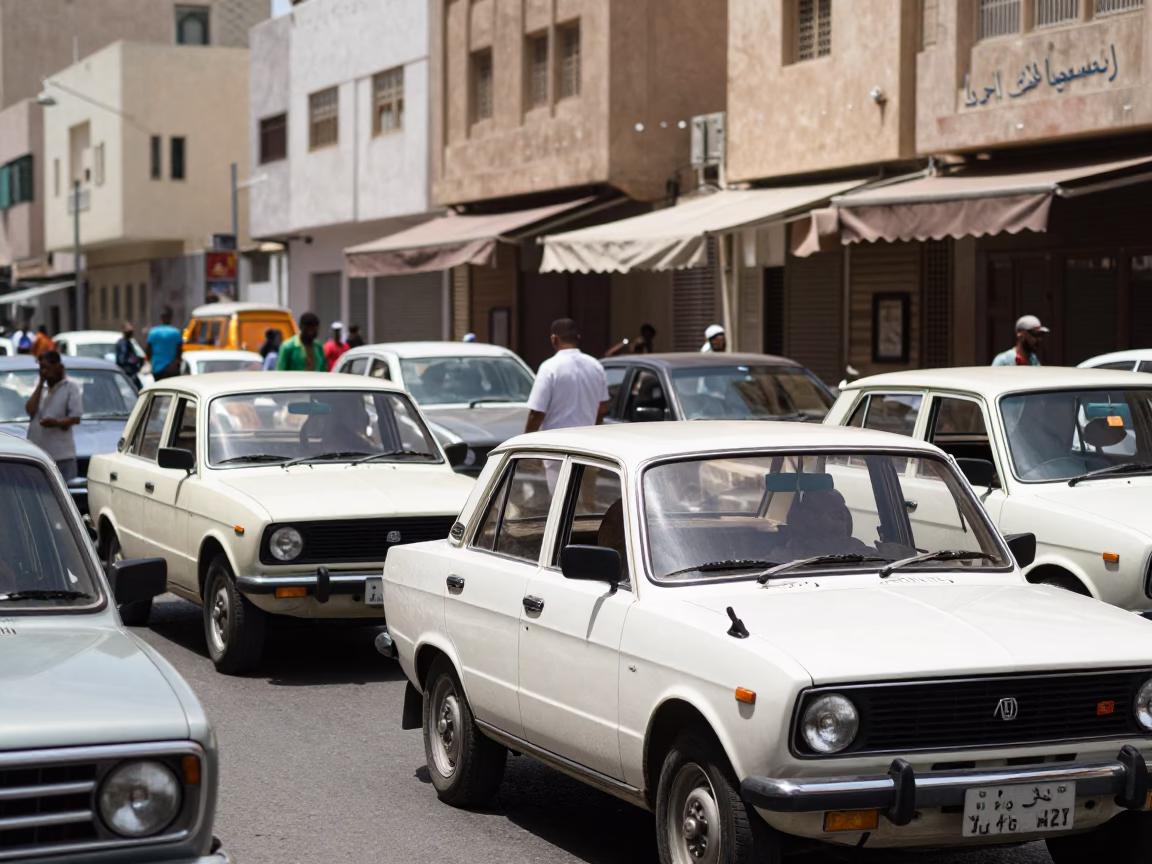 Busy Muscat Street Scene with Vintage 1970s Vehicles and Local Market Activity in in Muscat, Oman