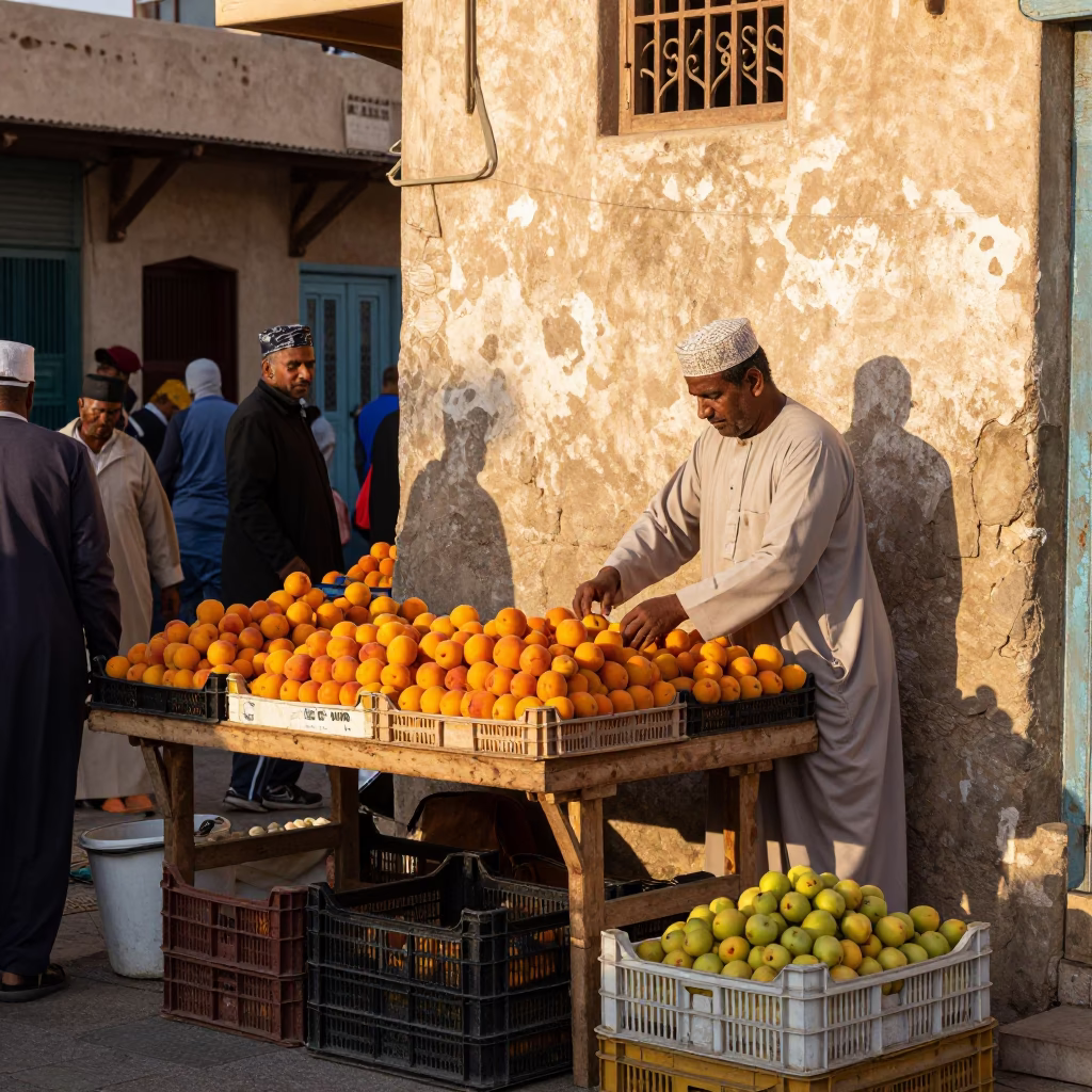 Busy Muscat Street Stall After Sunrise with Apricots and Turquoise Walls in in Muscat, Oman