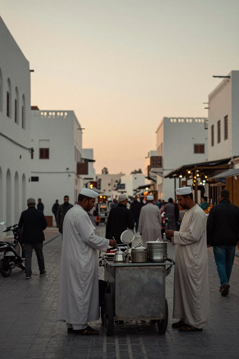 Busy Muscat Street Stall at Dawn with Tea Strainer and Local Morning Activity in in Muscat, Oman