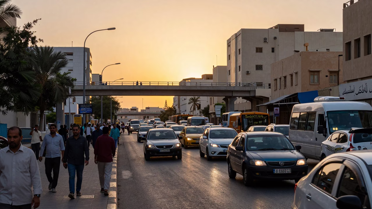 Busy Muscat Sunset Street Scene with Highway Flyover and Local Traffic in in Muscat, Oman