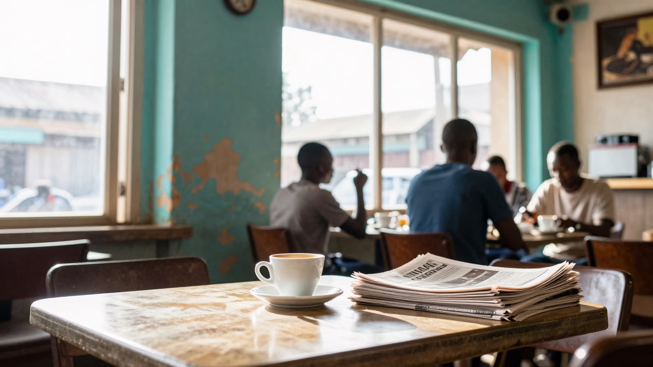Busy Nairobi Cafe Interior with Peeling Turquoise Paint and Espresso Cup in in Nairobi, Kenya
