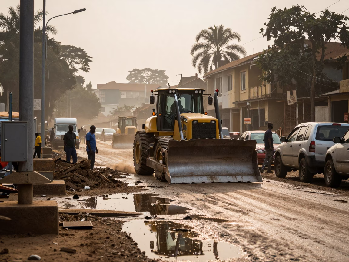 Busy Nairobi Construction Site at Dawn with Bulldozer and Substation Road in in Nairobi, Kenya